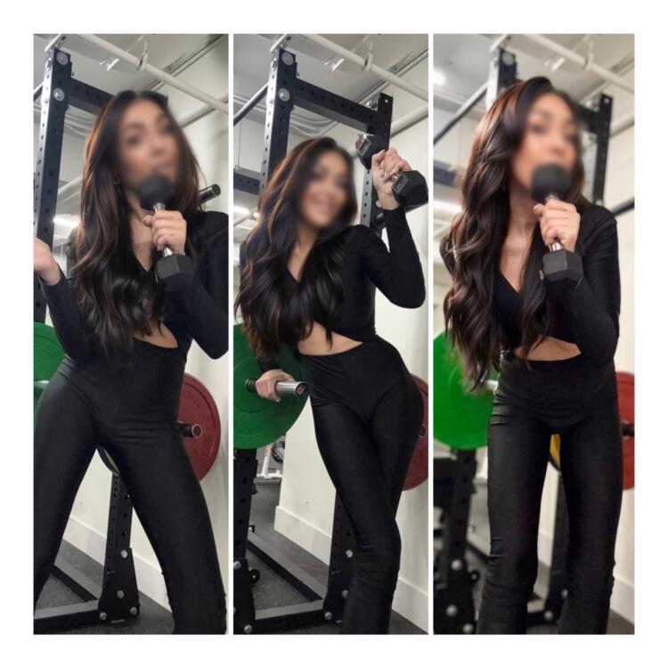 Gym goofiness by woman wearing black one piece outfit